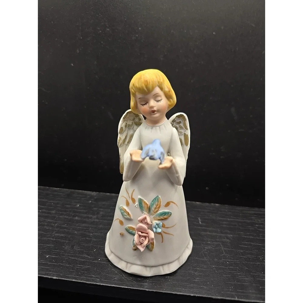 Vintage HOMCO Angel W/ Flowers‎ Holding Blue Bird Porcelain Bell Figurine Bisque